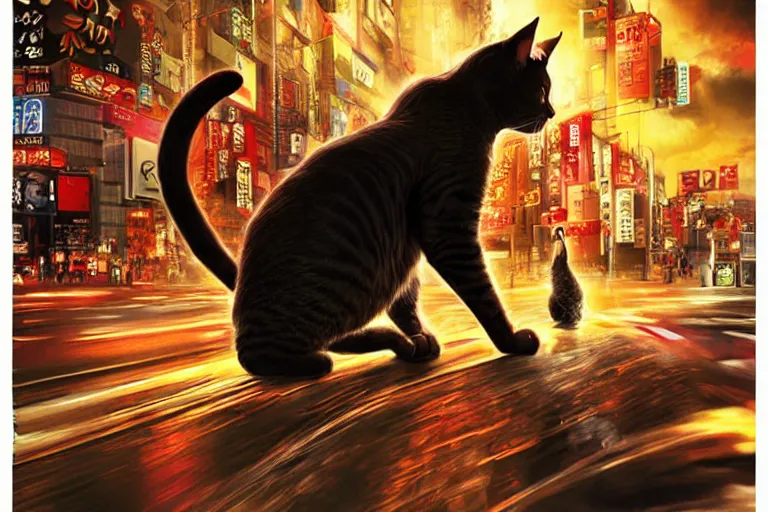 Image similar to cat attacking Tokyo, disaster movie poster, masterpiece, masterwork, cgstudio