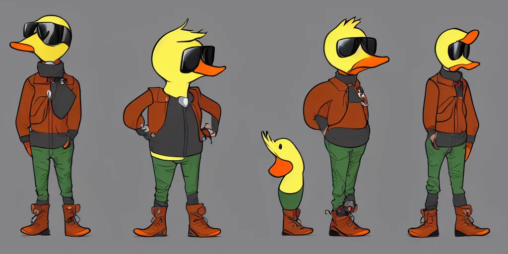 Prompt: cartoonish anthropomorphic duck using sun glasses and biker clothes, character sheet, fine details, concept design, front view, back view, ultra wide angle