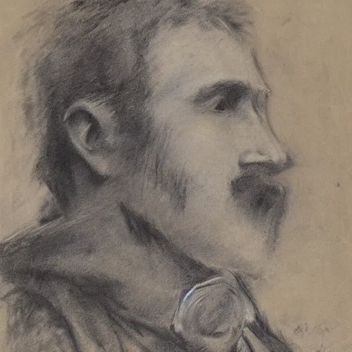 Image similar to portrait of a young action hero cowboy monster hunter, by alfred stevens in charcoal