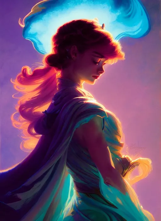 Image similar to side portrait, imogen poots, paladin, fantasy, gloomhaven, luminescent, colorful swirly ripples, gaudy colors, by greg manchess, huang guangjian, gil elvgren, sachin teng, greg rutkowski, jesper ejsing, ilya kuvshinov