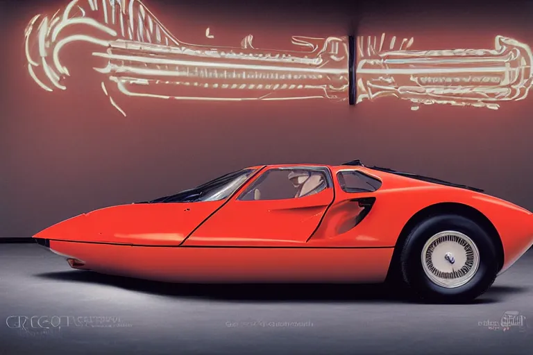 Image similar to designed by giorgetto giugiaro stylized poster of a single 1 9 5 9 miura citroen dm bmw m 1 ( ( mclaren f 1 ) ) delorean concept, thick neon lights, ektachrome photograph, volumetric lighting, f 8 aperture, cinematic eastman 5 3 8 4 film