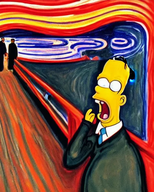 Image similar to a painting of homer simpson screaming in the scream by edvard munch