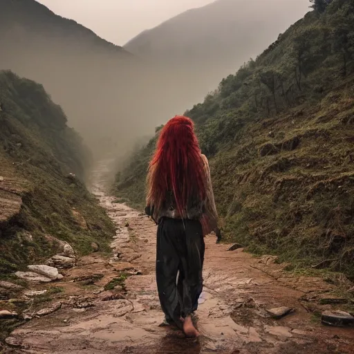 Image similar to define the character of a beautiful girl, messy long red hair, messy wet grey tribal clothes, short torn up pants, she is walking on a mountain and we see down in a deep valley a very poor old shanti town with wooden ruins, medieval time, heavy rain, late at night, mist, cinematic, 8 k,