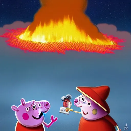 Prompt: Peppa Pig plays in front on a large nuclear explosion that has created a large nuclear mushroom and is totally oblivious to the fact that the city is in flames and everyone die. Elegant, intricate, digital painting, artstation, concept art, smooth, sharp focus, illustration, art by artgerm and greg rutkowski and alphonse mucha