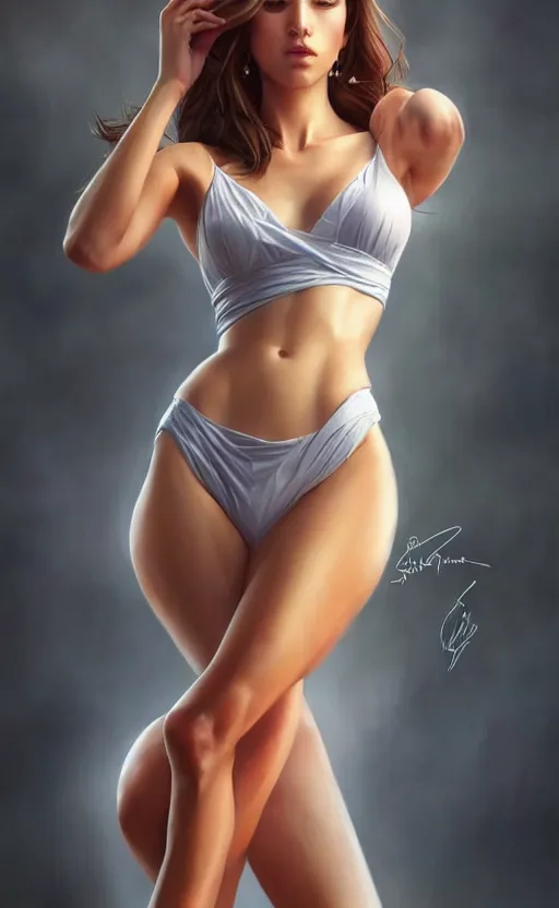 Image similar to full length photo of a gorgeous young woman in the style of stefan kostic, realistic, sharp focus, 8k high definition, insanely detailed, intricate, elegant, art by stanley lau and artgerm