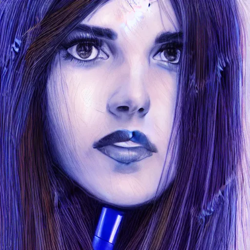 Image similar to young attractive female, long dark hair, expressive pose, looking at the camera, blue ballpoint art