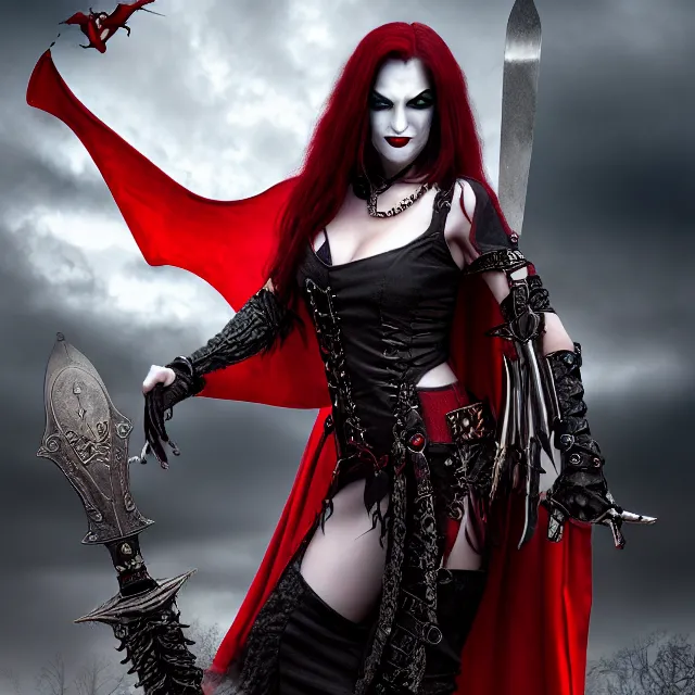 Image similar to vampire warrior queen, 4 k, hdr, smooth, sharp focus, high resolution, award - winning photo, anne stokes, photorealistic