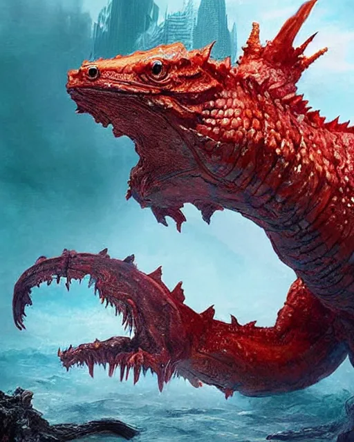 Prompt: Godzilla-like game character beautiful giant kaiju sized pond dragon half fish half salamander, wet amphibious skin, red salamander, aquatic axolotl creature by Ruan Jia and Gil Elvgren, fullbody