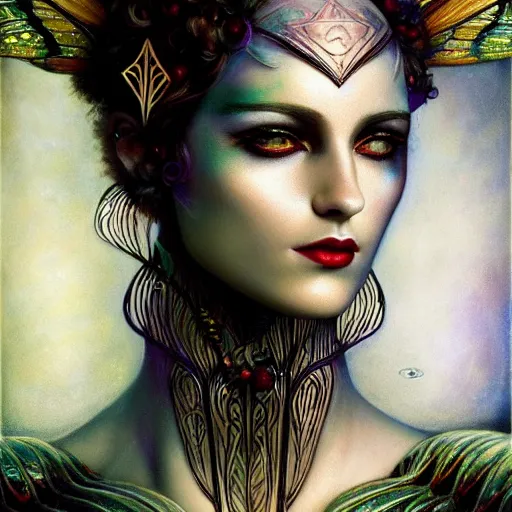 Image similar to beautiful closeup portrait of an art deco faerie queen, glowing eyes. reflective detailed textures, moth wings, highly detailed dark fantasy science fiction painting by tom bagshaw and diego rivera and annie swynnerton and jean delville, elaborate geometric ornament, ancient runes, silver and cool colors. artstation