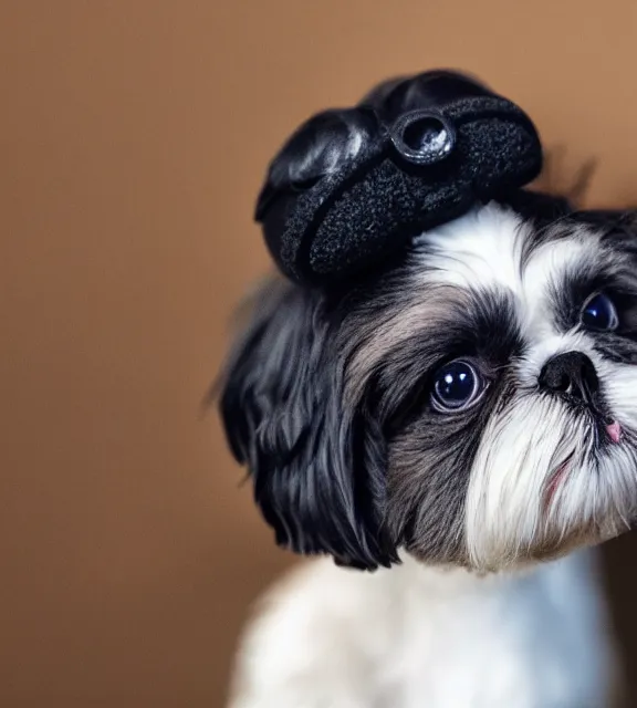 Image similar to a 4 k photorealistic photo of a black shih - tzu puppy wearing a vr headset on her head