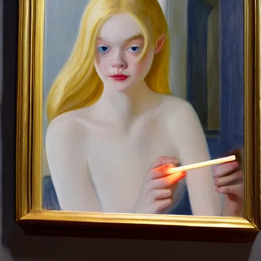 Image similar to Painting of Elle Fanning lighting a match, long blonde hair, delicate, pale milky white porcelain skin, by Edward Hopper. 8K. Extremely detailed.