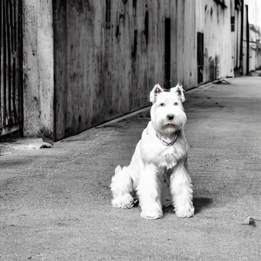 Image similar to a white schnauzer dog with spreaded wings sitting on the street of an abandoned dystopic city, hyprrealism, 5 5 mm photo