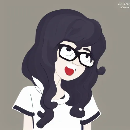 Prompt: a very beautiful girl with # e 0 a 3 7 a skin color, long, curly hair, stylistic oval black eyes, half - frame square glasses, grey hoodie opened, white t - shirt, white gloves, denim jeans, character art, cute, digital art, jaidenanimations, cartoon network, modern cartoon