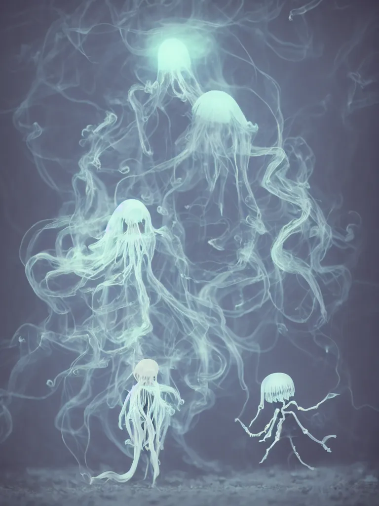 Image similar to cute fumo chibi plush beautiful ectoplasmic gothic skeletal jellyfish ghost girl, glowing milky wisps of hazy smoke and volumetric fog, lens flare, subsurface scattering, vignette, asymmetry, bokeh, refraction, vray