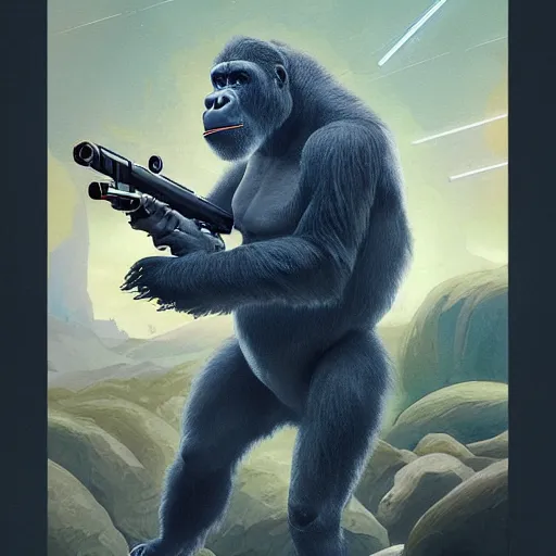 Image similar to detailed science - fiction character portrait of a silverback gorilla shooting a alien gun in space, intricate, wild, highly detailed, digital painting, artstation, concept art, smooth, sharp focus, illustration, art by artgerm and greg rutkowski and alphonse mucha