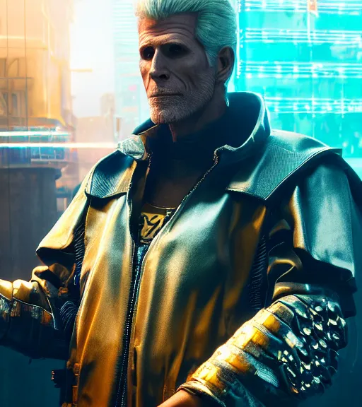 Prompt: cyberpunk 2 0 7 7, charismatic rugged male battle ted danson - mage portrait, clothed in hooded, metal - plated battle armor atmospheric lighting painted intricate volumetric lighting, beautiful, sharp focus, ultra detailed by leesha hannigan, ross tran, thierry doizon, kai carpenter, ignacio fernandez rios