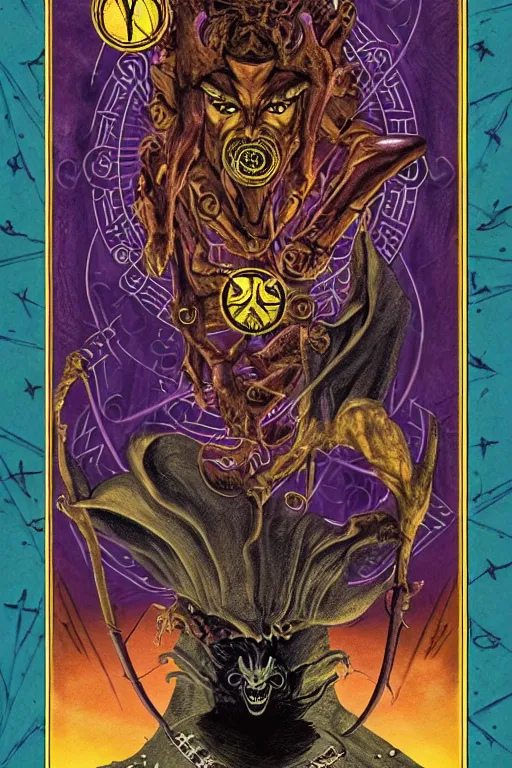 Prompt: A reimagining of the Rider–Waite tarot card The devil, steeped in occult symbols of power and authority, surreal horror motif, control dominion theme, detailed matte painting, digital illustration, global illumination, 8k resolution, face, short leg, long torso, low shoulder, long arm, asymmetric face, beautiful colors, occult symbols hidden, on old amber paper, RPG portrait, dynamic lighting