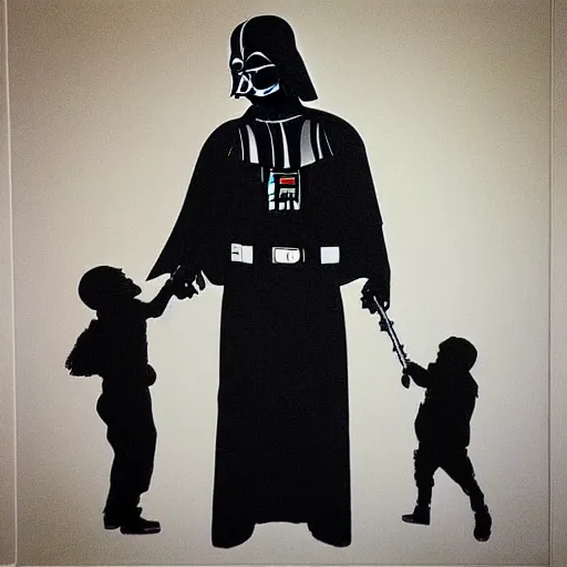 Prompt: “Darth Vader in school room with kids, painting in the style of Norman Rockwell”
