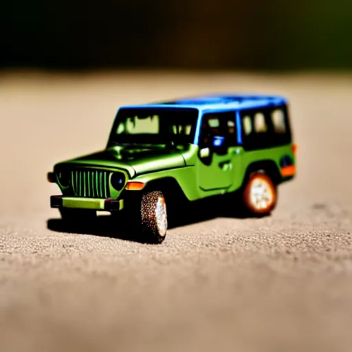 Image similar to COMMANDER, ((jeep)), micro machines, bokeh, macro photography