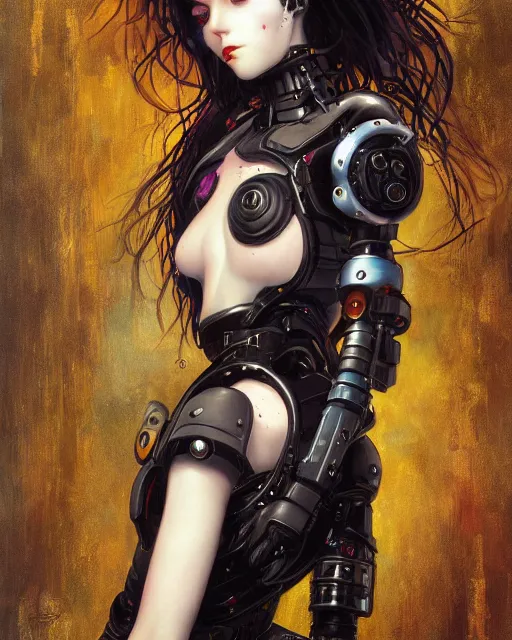 Image similar to portrait of cute beautiful young goth cyborg maiden, cyberpunk, Warhammer, highly detailed, artstation, illustration, art by Gustav Klimt and Range Murata