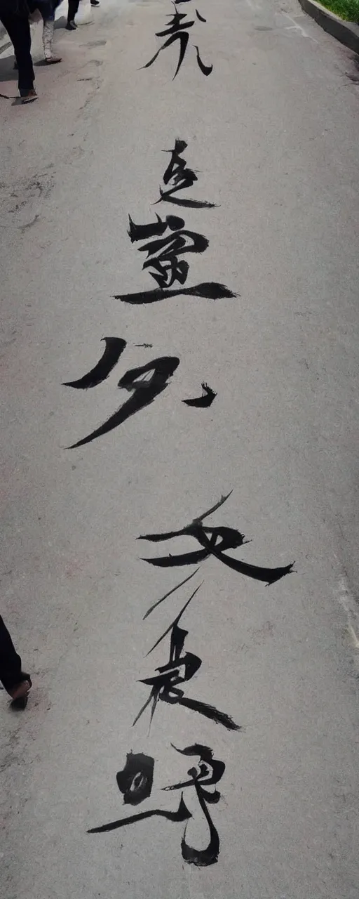 Image similar to a beautiful calligraphic kanji painted on the street, akira style, hyper realistic, natural light