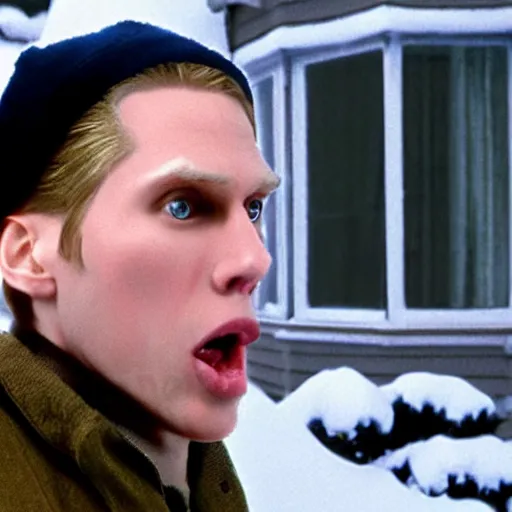 Image similar to Live Action Still of Jerma in Home Alone, real life, hyperrealistic, ultra realistic, realistic, highly detailed, epic, HD quality, 8k resolution, body and headshot, film still