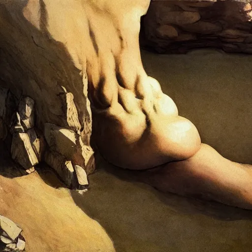 Prompt: the body of a man morphs into a erosion rock, by akihiko yoshida and edward hopper