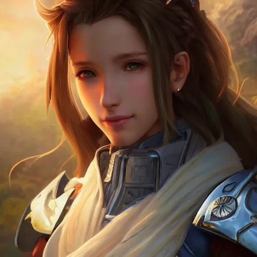 Prompt: aerith gainsborough in destiny warlock armor, beautiful face!!!!, 2 7 years old, cg animation, realistic, character select portrait, by artgerm, greg rutkowski, alphonse mucha, 3 d