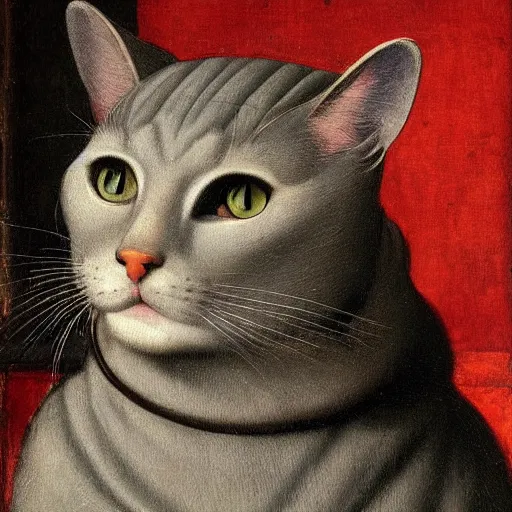 Image similar to a renaissance portrait painting of a grey cat, wearing a crown and cape, dark background,