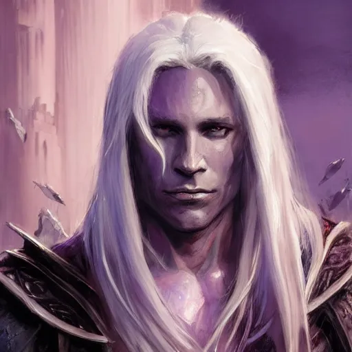Image similar to closeup portrait drizzt do'urden, drow, black skin, lavender eyecolor, dungeons and dragons character, castle background, gorgeous view, realistic, high detail, digital art, painted by greg rutkowski, painted by jeremy mann, trending on artstation