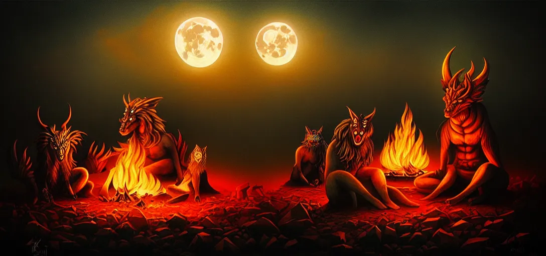 Image similar to strange mythical beasts of sitting around a fire under a full moon, surreal dark uncanny painting by ronny khalil