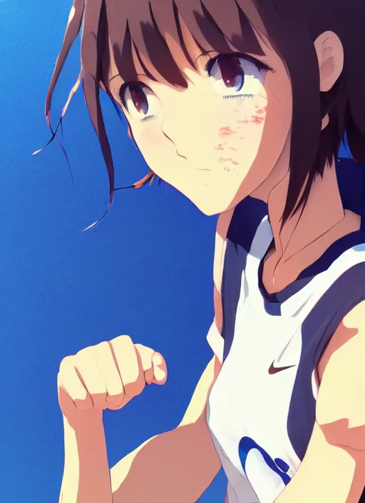 Image similar to portrait of high school runner girl, sunny sky background stadium landscape illustration concept art anime key visual trending pixiv fanbox by wlop and greg rutkowski and makoto shinkai and studio ghibli and kyoto animation symmetrical facial features short down hair sports clothing marathon race nike shirt realistic anatomy