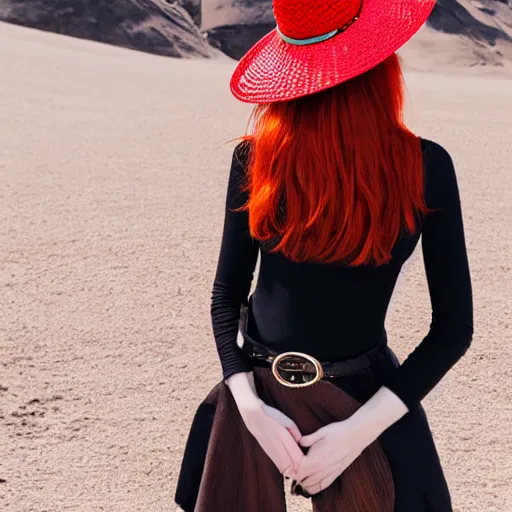 Prompt: red headed woman wearing a wide brimmed straw hat and a fanny pack