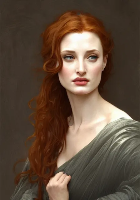 Image similar to sansa angeline jolie gessica chastain, intricate, elegant, highly detailed, digital painting, artstation, concept art, smooth, sharp focus, illustration, art by artgerm and greg rutkowski and alphonse mucha and william - adolphe bouguereau