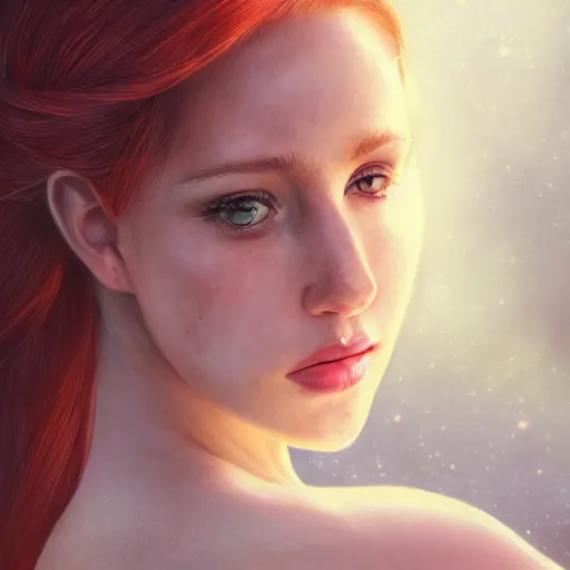 Prompt: a gorgeous female photo, professionally retouched, soft lighting, wearing sundress, illuminated by moonlight realistic, smooth face, redhead, light freckles, perfect eyes, wide angle, sharp focus on eyes, 8 k high definition, insanely detailed, intricate, elegant, art by artgerm and wlop