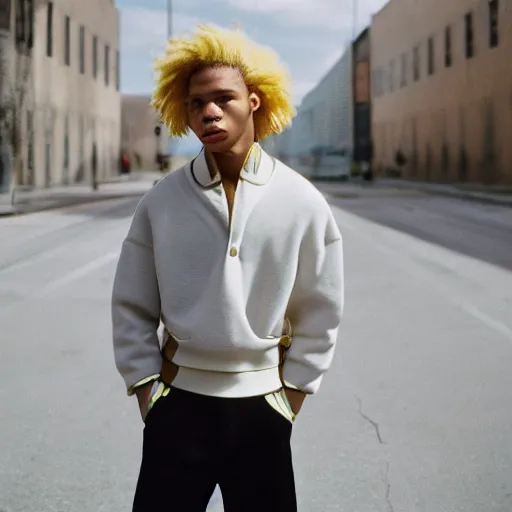 Image similar to realistic! photoshoot for a new balenciaga lookbook, color film photography, portrait of a beautiful blonde person, photo in style of tyler mitchell, 35mm