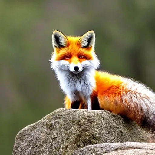 Prompt: well fluffy fox on rock, forest, photo