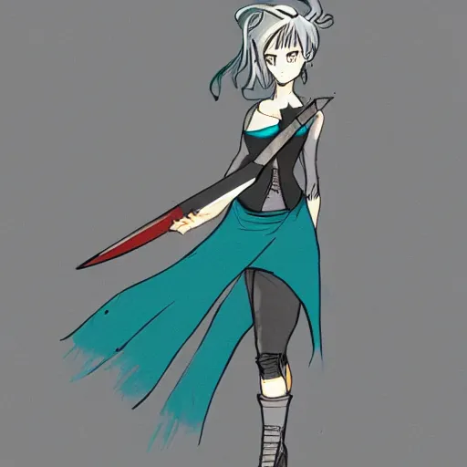 Image similar to concept art of a girl with teal, messy hair that has knives instead of hands, character design, by ross draws, anime style