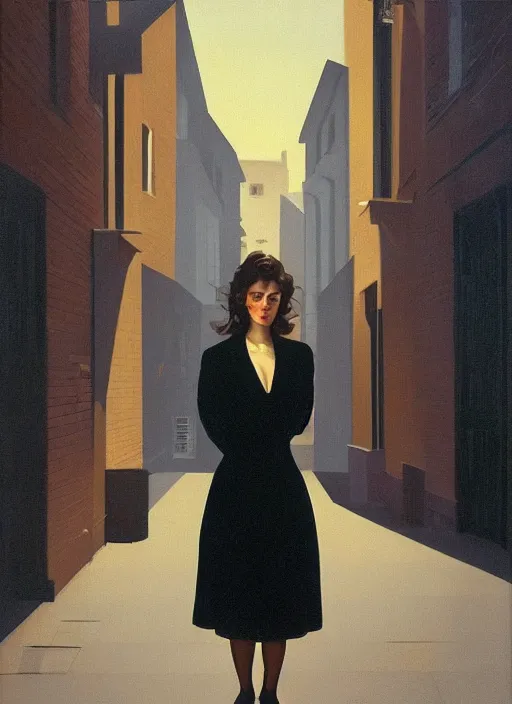 Prompt: a portrait of a cute girl, standing in an empty dark street, highly detailed, dramatic lighting, intense shadows, rich deep colours, by jack vettriano