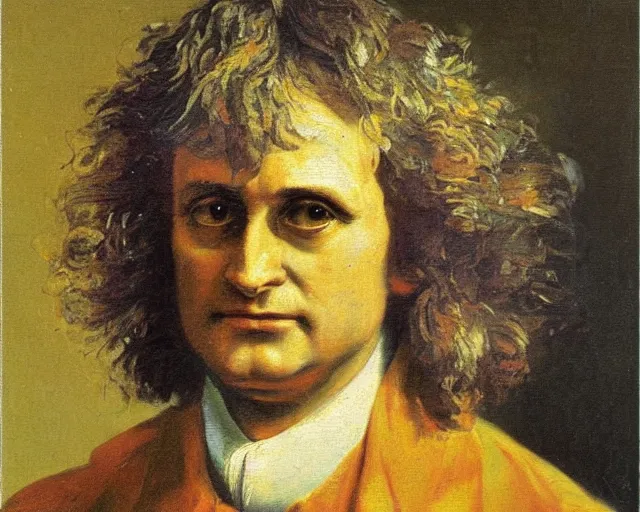 Image similar to painterly portrait, Isaac Newton, impasto, fantasy, chuck close:7, carl spitzweg:7, cinematic light, full face, symmetrical face