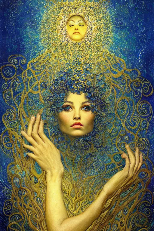 Image similar to Visions of Paradise by Karol Bak, Jean Deville, Gustav Klimt, and Vincent Van Gogh, visionary, otherworldly, dreamscape, radiant halo, fractal structures, infinite wings, ornate gilded medieval icon, third eye, spirals, heavenly spiraling clouds with godrays, airy colors