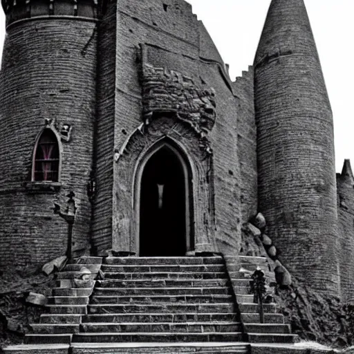 Image similar to ruins of a harry potter universe castle in the evening. a wizard with a dark vibe stands there and summons a portal that would take me back home.