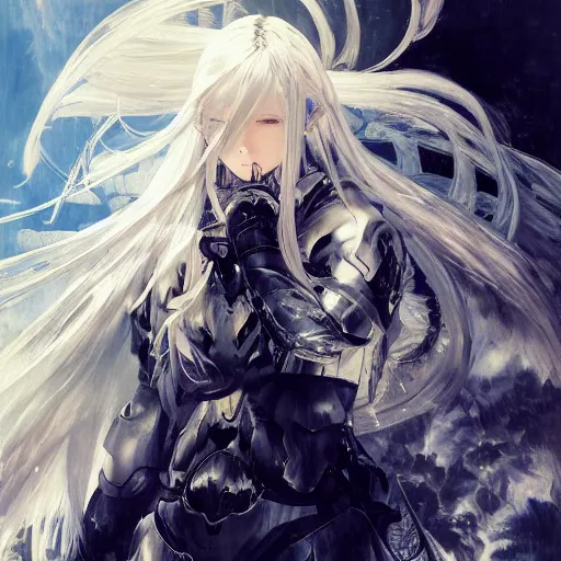 Image similar to Soft oil portrait with broad brush strokes of an anime girl with a long white hair wearing Elden Ring armour with engraving in the style of Yoji Shinkawa, expressive brush strokes, hairs fluttering on the wing, noisy film grain effect, highly detailed, Renaissance oil painting, weird portrait angle, blurred lost edges, three quarter view