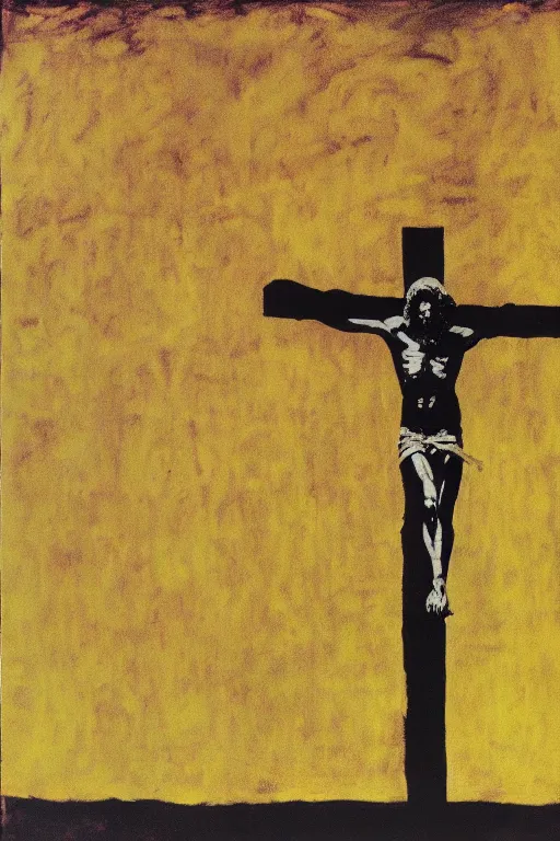 Image similar to bloody jesus christ crucified, yellow sky painted by andy warhol and cy twombly