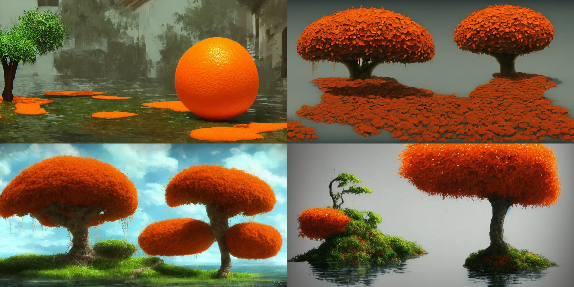 Prompt: concept artwork jaffa overgrown floating orange tree by ran morin contrast shadows artstation