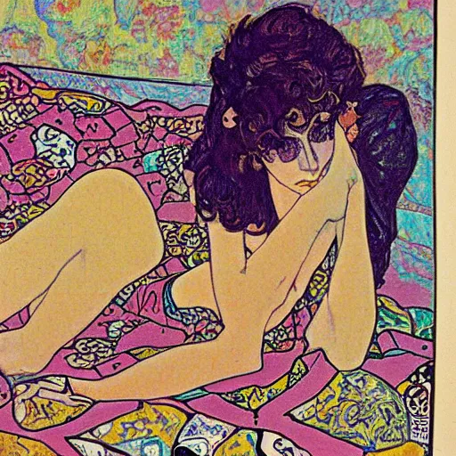 Prompt: rocker goth teen girl laying on the floor, writing on a journal. 1970s colorful psychedelic bedroom. Trippy. Mucha. Stylized. Egon schiele