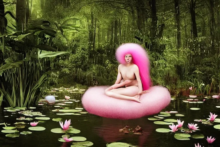 Image similar to 1 9 7 6 woman with huge pink candy floss hair floats in a pond, surrounded by a detailed forrest of lily leaves, deep focus, intricate, elegant, highly detailed, matte, sharp focus, photography of gregory crewdson