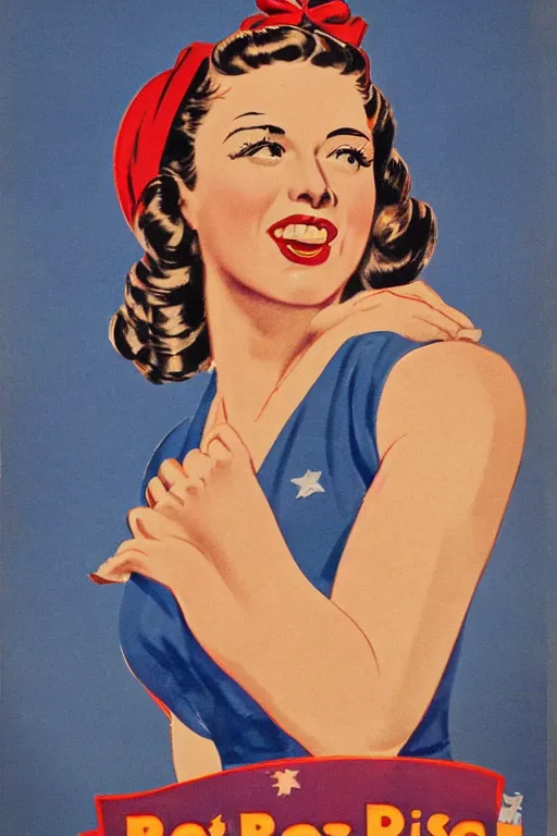 Image similar to 1 9 4 0 s poster of rachel bloom as rosie the riveter, style of norman rockwell, high quality, sharp detail