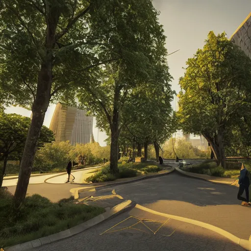 Image similar to Futuristic city, full of nature, trees, parks and gardens, building incorporating natural materials like wood and stone, many people walking about, narrow and winding cosy streets, reuse and recycling of resources, temperate climate, atmosphere of peace and harmony, 3d render, volumetric lighting, extremely detailed, unreal engine, 8k UHD, HDR