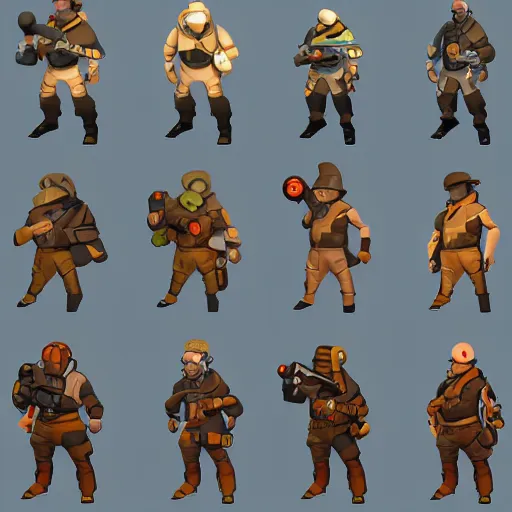 Image similar to character design of a stylized explorer and cartographer in the TF2 style